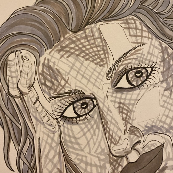 Unframed Original Art Drawing Illustration Portrait in Grey Marker Portraiture - Picture 4 of 4
